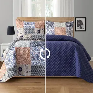 3-Piece Floral Patchwork Reversible - Soft Bedspread with Matching Pillow Shams, Weight Stitching All Season Quilted Coverlet - Full, Floral Navy