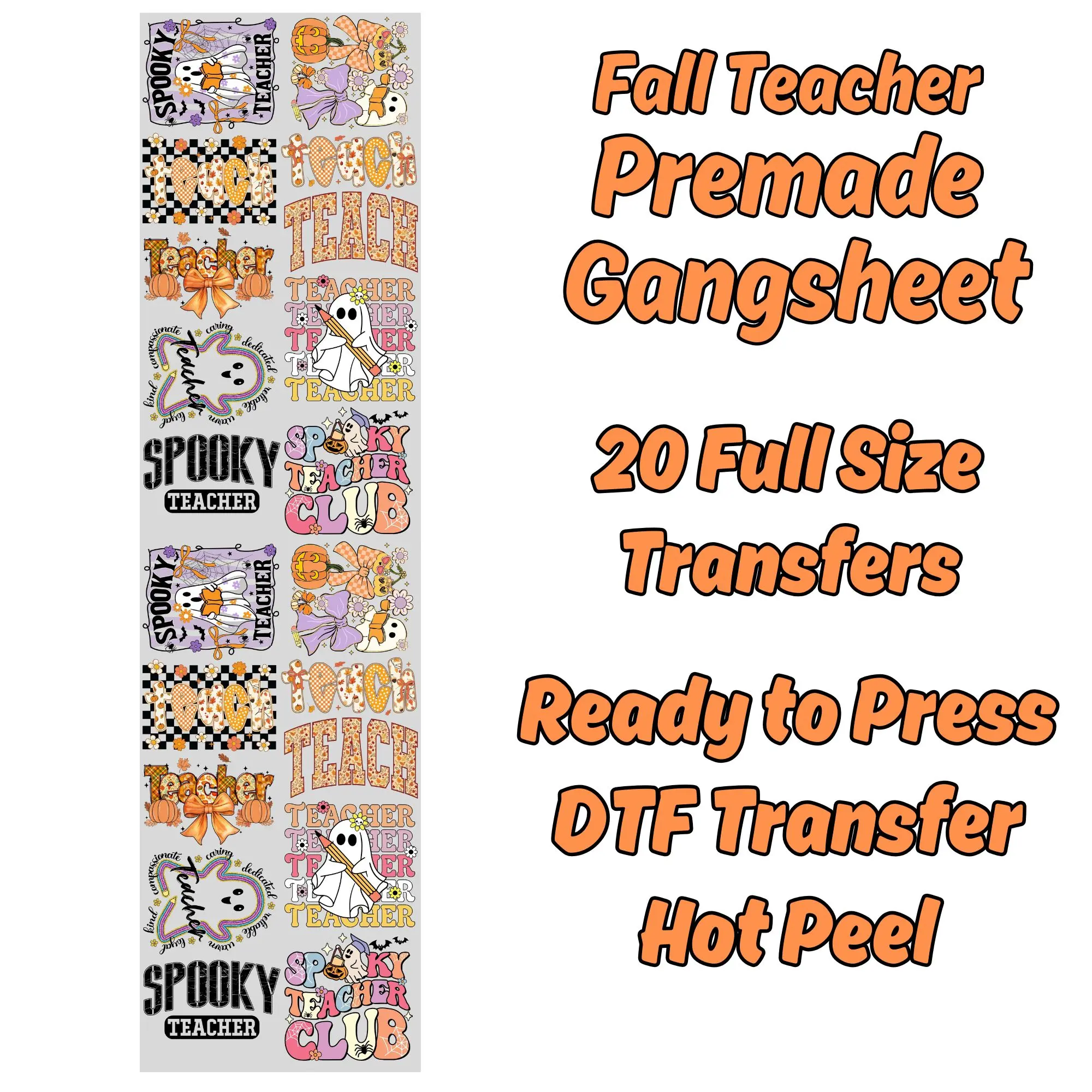 Fall Teacher Premade DTF Gang Sheet-12 Adult Prints Fitted Design for Heat Press Application Women's Wear Garment Graphics Tops Summer Tshirt 20 Full Size Transfers Ready to Press DTF Transfer Hot Peel