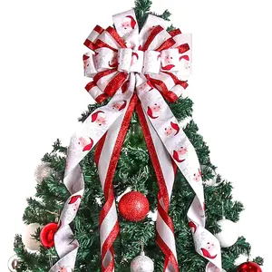 Christmas Tree Topper Christmas Wreath Bow, 48 * 13 inches Tree Toppers Bow withSanta Claus Patterned Ribbon for Xmas Tree Christmas Rustic Farmhouse Home Holiday Party Decorations White Red