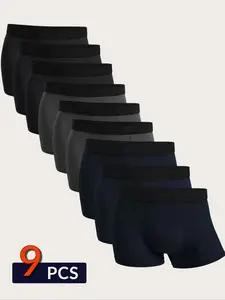 Men's High Elasticity Boxing Shorts, 9-Piece Set, Solid Color Boxer Briefs, Comfortable Underwear for Men, Casual Sports Apparel