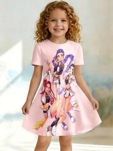 Sweet Cool Girl Group Style Cartoon Print Dress, Short Sleeve Knee Length Asymmetrical Design, Casual Fitted One-Piece