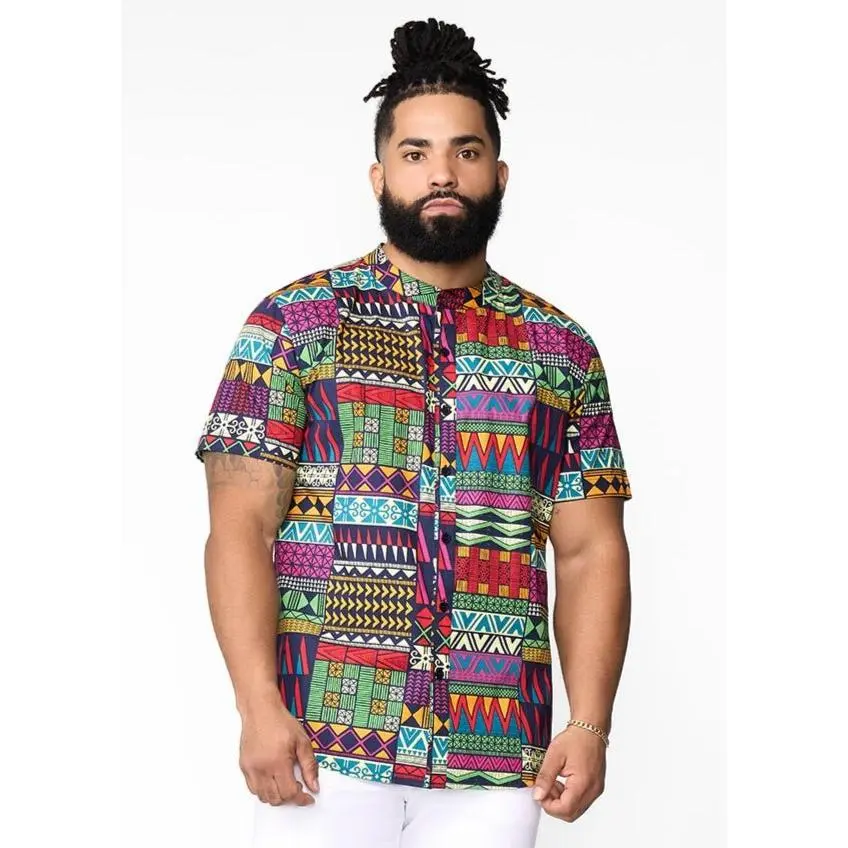 Oumar Men's African Print Mandarin Button-Up Shirt (Green Navy Kente)