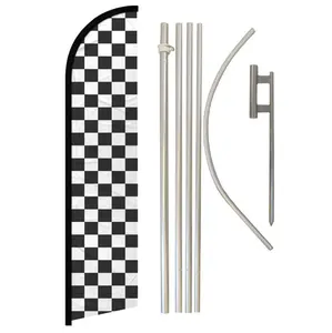 Black & White Checkered Super-Knitted Polyester Windproof Windless Banner Flag & Aluminium-Steel Pole Kit with Curved Sleeve, Ground Spike, 11.5x2.5 ft Stable Easy-Install High-Quality Advertising Flag for Businesses, All-Seasons Festive Supplies Backdrop