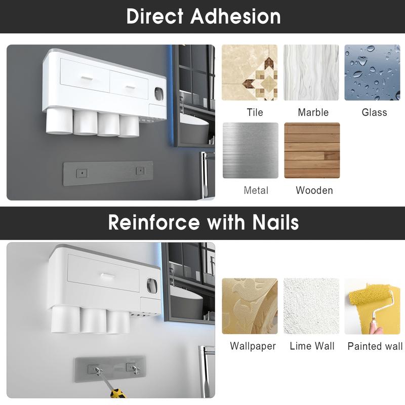 UFORU 2-4 Cup Capacity Bathroom Toothbrush Holder - Wall-Mounted with Toothpaste Dispenser - Cosmetic Drawers, Large Capacity Trays & Bathroom Accessory Bottle Home Storage Organizer, Great Home Essentials, Perfect Gift Idea