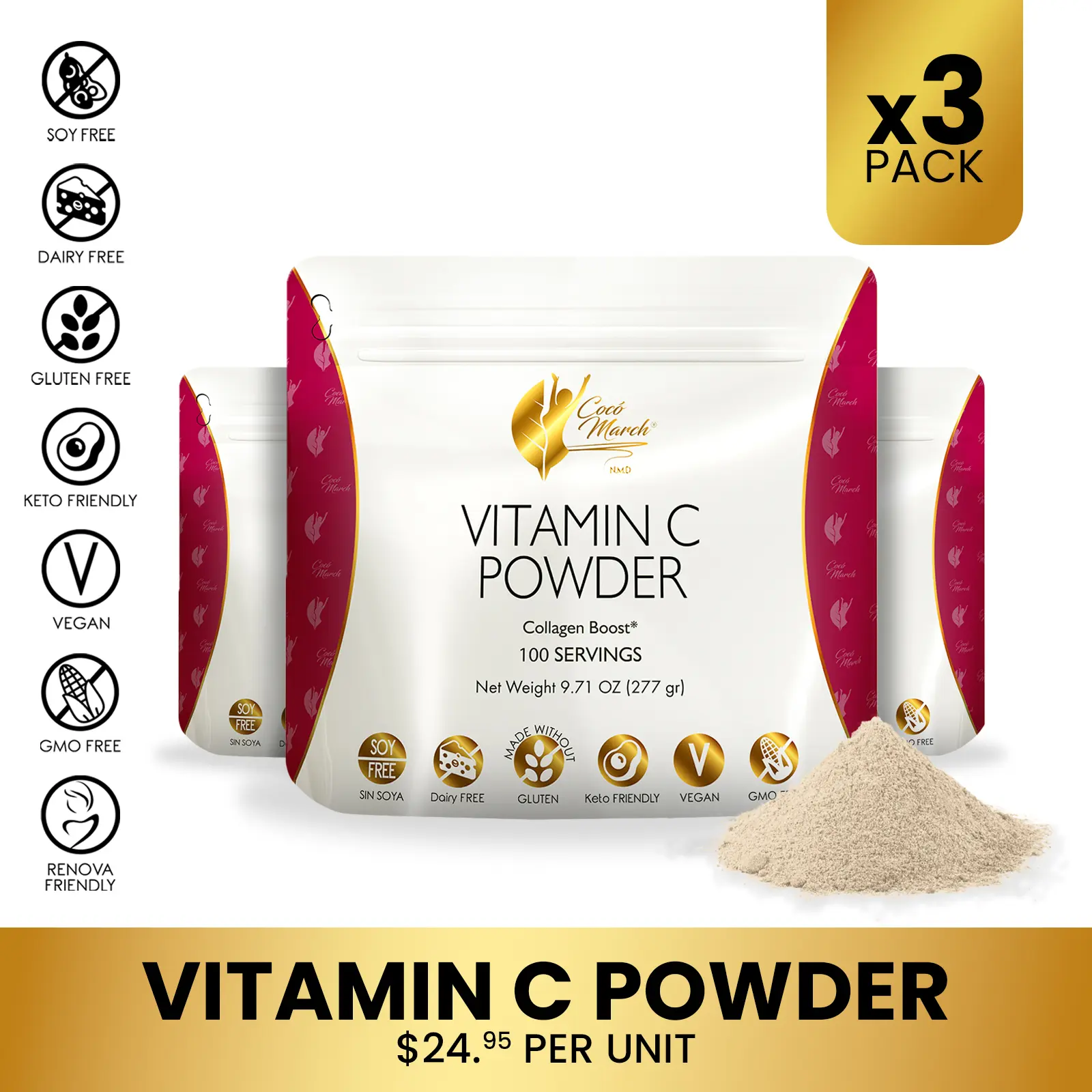 3 Pack Coco March N.M.D Vitamin C Powder – 1000 mg with Zinc, Quercetin ...
