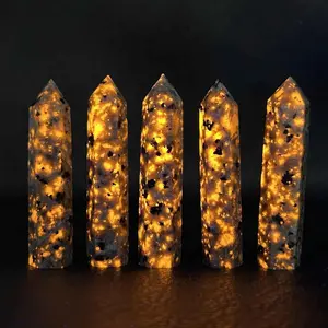 Flame Stone Crystal Tower UV Reactive Emberlite Gemstone Single Point Wand Crystal Obelisk Mineral Specimen Home Desk Decoration Christmas Gift
