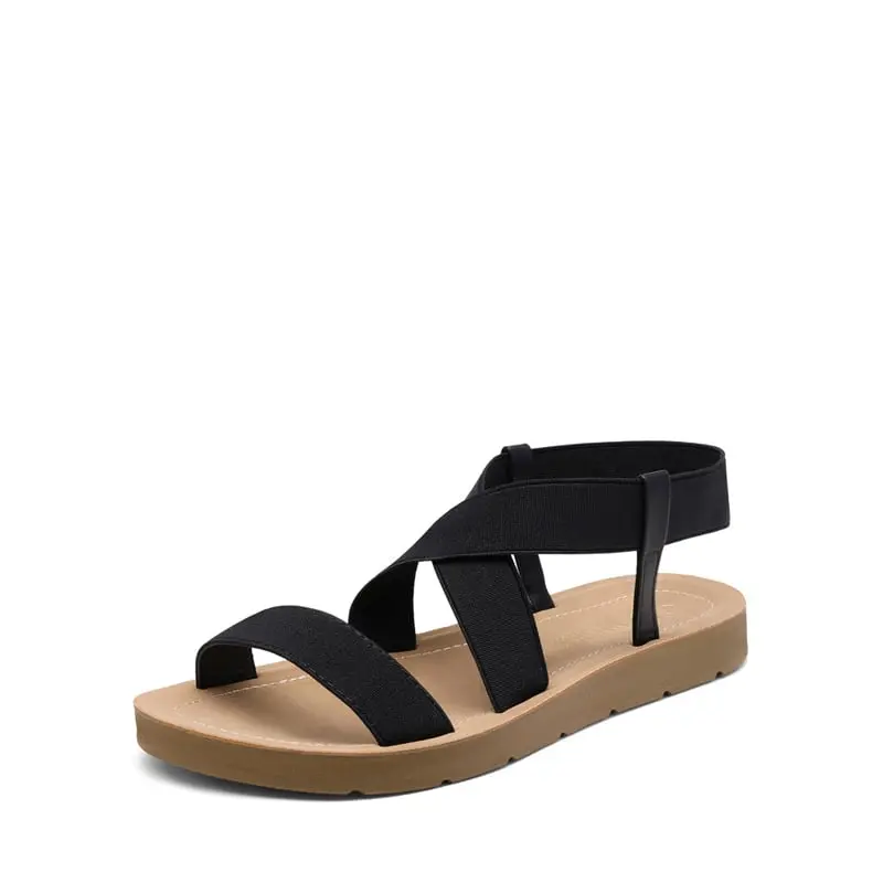Dream Pairs Women's Criss-Cross Casual Sandals, Comfortable Flat Open Toe Walking Shoes with an Elastic Ankle Strap for Easy Slip On, Women's Sandals, Footwear, Elastic Strap, Flat Heel (1 Cm Or Less), Pu Leather, Flocked Coating Outsole
