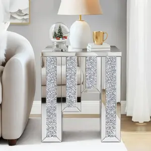 Mirrored Accent End Table, Crushed Diamond Side Table, Inlaid with Crystal Diamonds, Feature Glass Tops and Silver Frames, Making Them Suitable for Living Rooms, Corner Decoration, Bedrooms