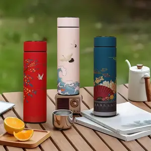 Elegant Traditional Style Insulated Cup, Stainless Steel Thermal Water Bottle, Smart Temperature Display Tea & Water Separated Straight Wall Mug