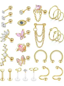 27pcs 16g Cartilage Earrings Set, Unisex Tragus Piercing Jewelry, Stainless Steel Conch Stud & Hoops, Hypoallergenic Cz Design, Septum Jewelry