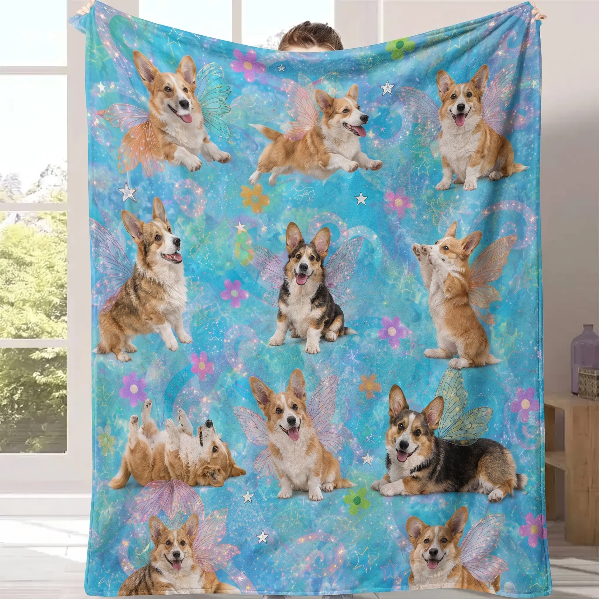 Corgi Fairy Wings Throw Blanket, Cute Magical Dog Print Fleece Blanket, Colorful Cozy Pet Lover Gift for Sofa, Bed & Home Decor