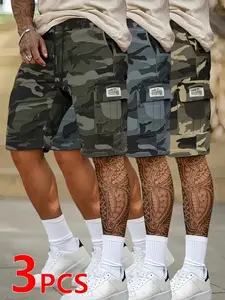 Men's Three-Piece Camo Workwear Shorts, Durable Scratch-Resistant Summer Loose Fit Elastic Waist, Casual Beach Outdoor Sports