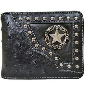 Star Western wallet Ostrich pattern short bi-fold concho and studded faux leather with religious theme wallet.