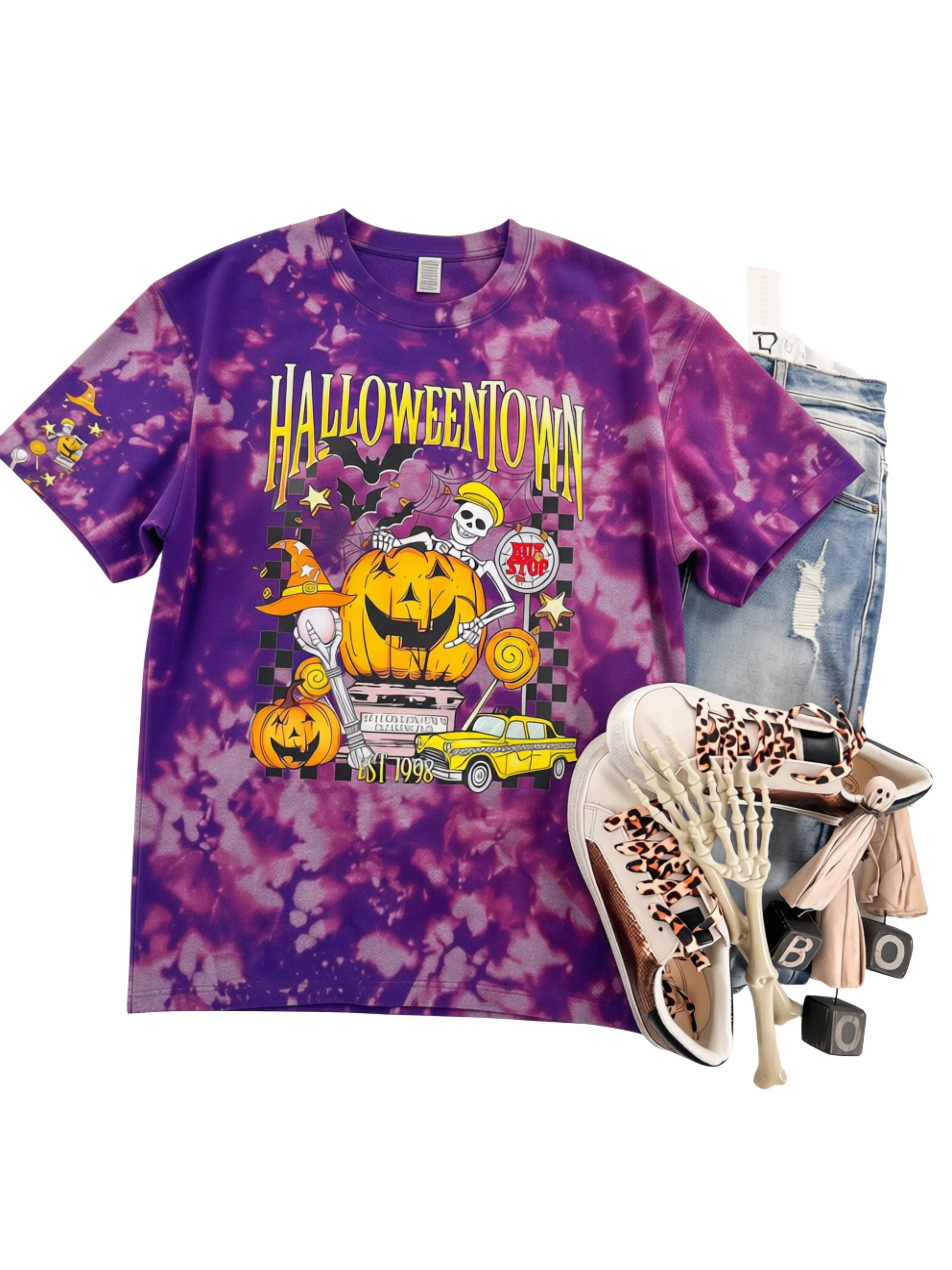 Halloween City Skeleton Town Short Sleeve Graphic Tee Unisex with sleeve print T-Shirt Womenswear Crewneck Casual Tshirt Top Comfy Oversized