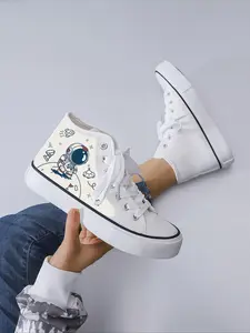 Women's Astronaut Pattern High Top Sneakers, Casual Breathable Lace Up Sports Shoes, Fashionable Canvas Shoes for Daily Wear