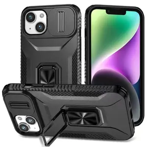 2-in-1 Sliding Camera Lens Cover Phone Case Casing with Ring Stand, 1 Count Dropproof Shockproof Protection Phone Protective Cover, Phone Accessories for iPhone 11 12 13 14 Plus 15 Pro Max 16