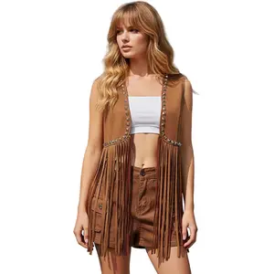Tassel Studded Vest Sleeveless Flowy Fringe Jacket Faux Suede Gilet Coat Western Vintage Tops