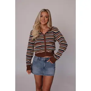 Megan Striped Knit Hoodie-Brown Multi