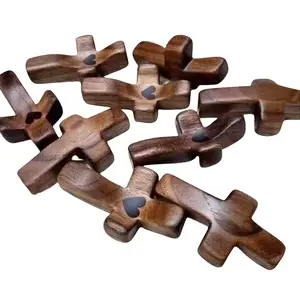 3-Pcs Religious Black Walnut Wooden Pocket Cross Decor Set, Handheld Fidget Tool for Anxiety, Christian Prayer Ornament, Encouragement Gift for Adults, Easter Church Spiritual Companion