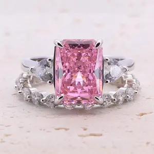 Shineofdiamond 4.0CT Three Stone Pink Sterling Silver Engagement Ring with Eternity Band