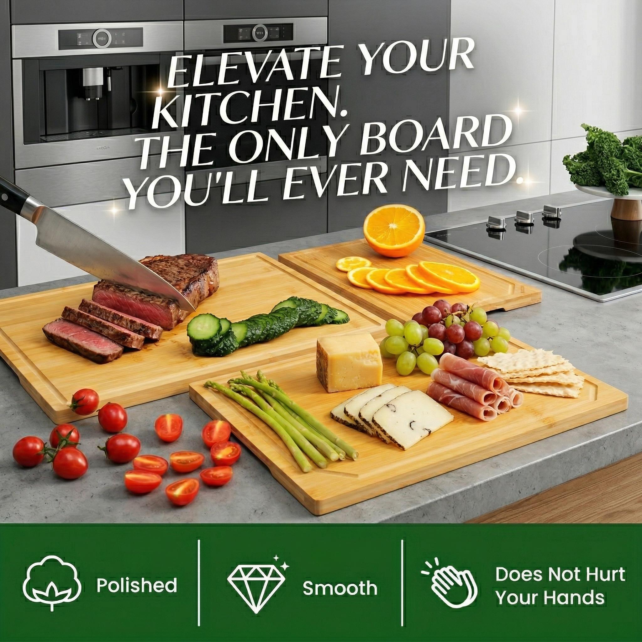 4PCS Extra Large Bamboo Cutting Board Set, Heavy Duty Kitchen Chopping Boards with Juice Grooves, Multi-Size Boards for Meat, Vegetables, Fruits & Cheese, Natural Bamboo Kitchen Essentials