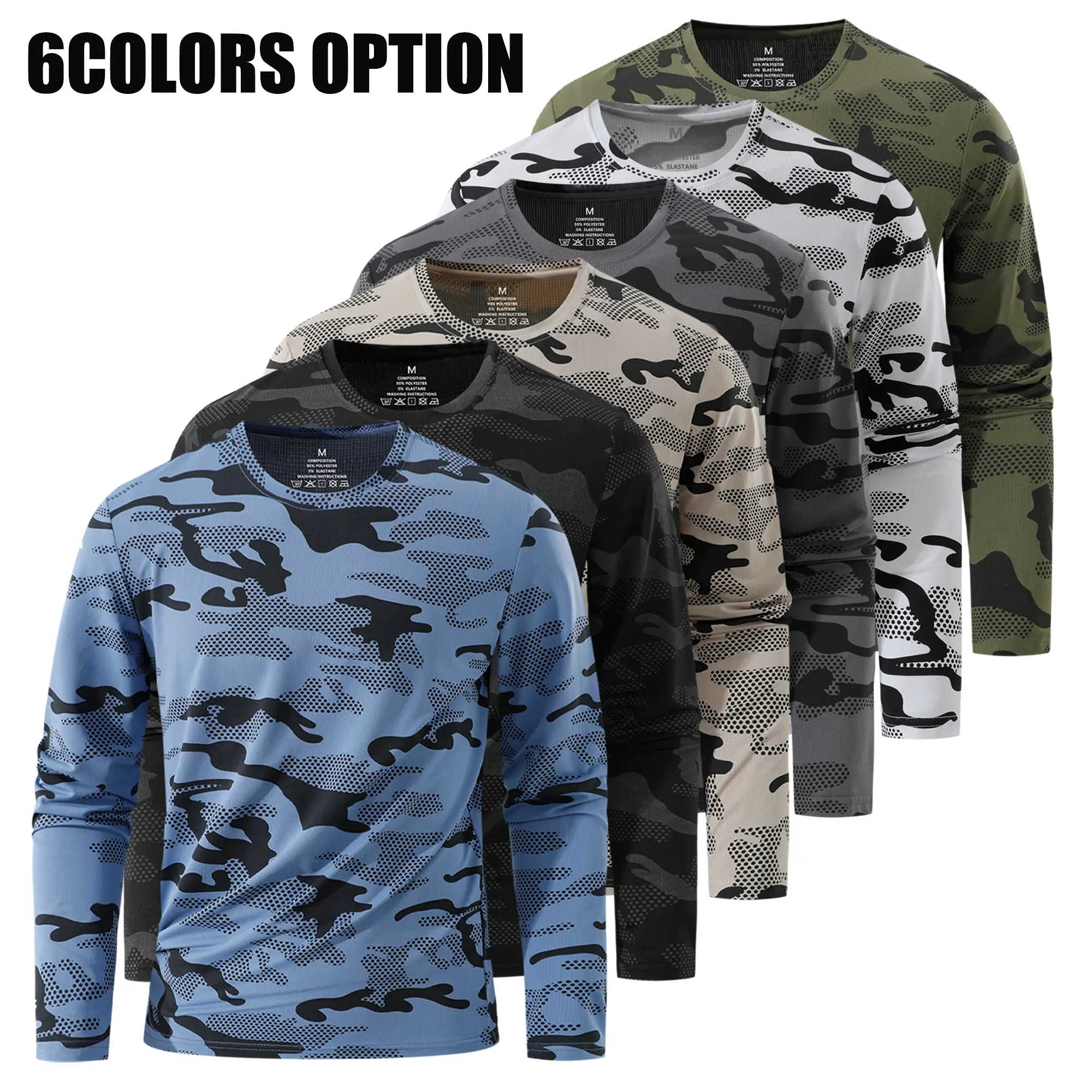Single pack men’s camouflage mesh long-sleeve T-shirt, multicolor dot camouflage pattern, breathable quick-dry crew neck top for outdoor hiking, mountaineering, commuting, and everyday wear; casual base layer long-sleeve shirt for men.