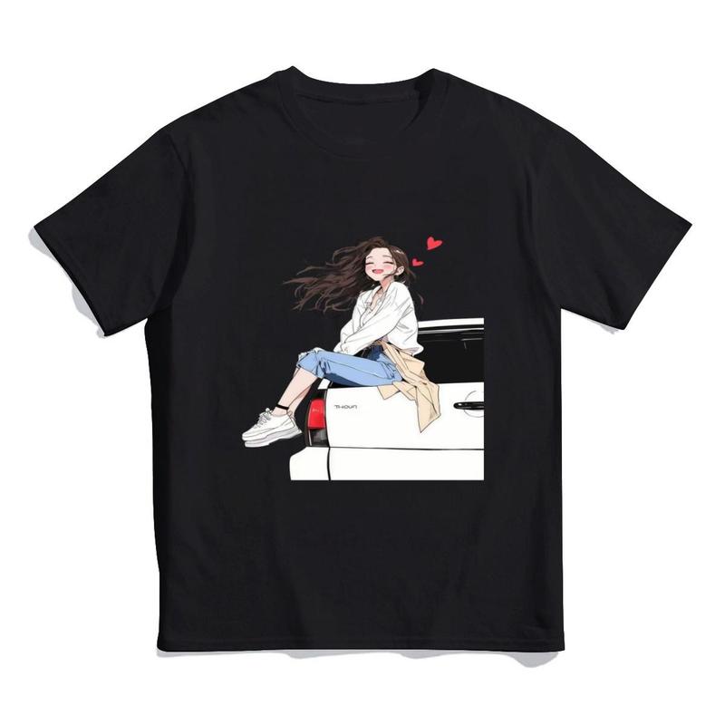 Women's Pure Cotton Fitted Crew Neck Graphic Tee - Cute Girl Car Trunk Hearts Print, Short Sleeves, Fashion Casual Kawaii Streetwear Tshirt for Summer Beach Tops for Women