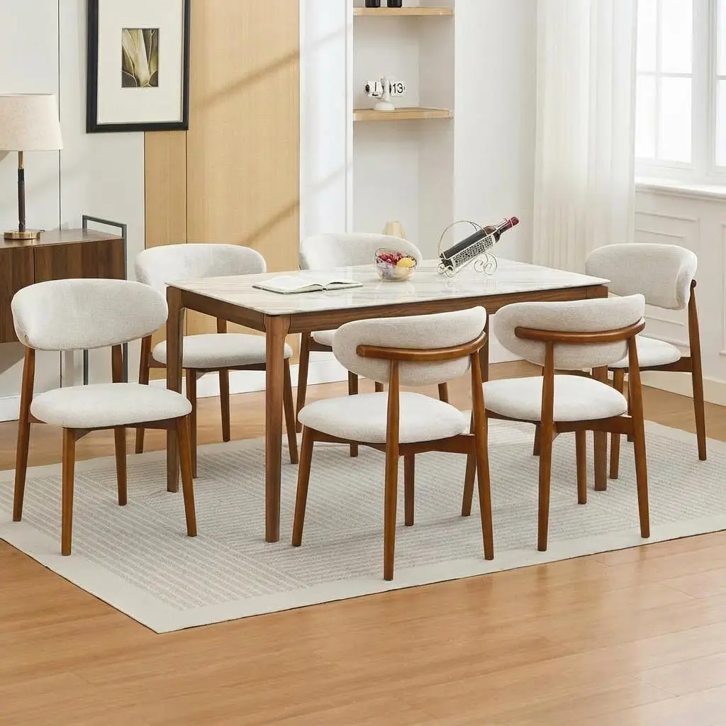 8pcs Minimalist Scandinavian Designer Dining Chairs Set, Ergonomic Upholstered Solid Rubberwood Indoor Furniture for Kitchens, Dining Rooms, Upholstery