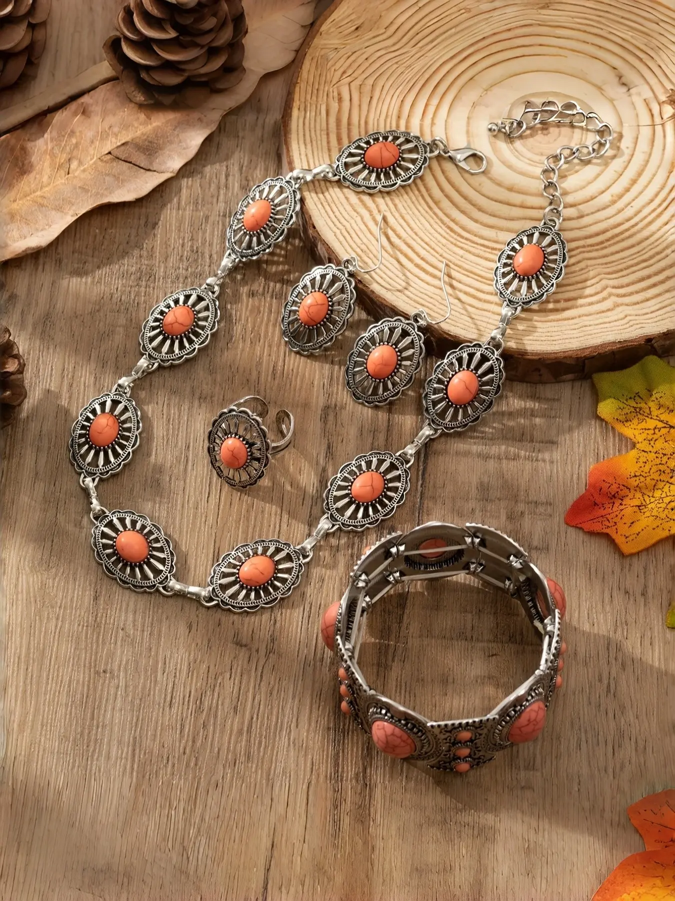 Bohemian Style Women's Vintage Fashion Pink Stone Carved Lace Zinc Alloy Necklace, Earrings, Ring & Bracelet Boho Jewelry Set for Outfits, Daily Wear, Versatile Wear and Holidays, Jewellery Gift Set