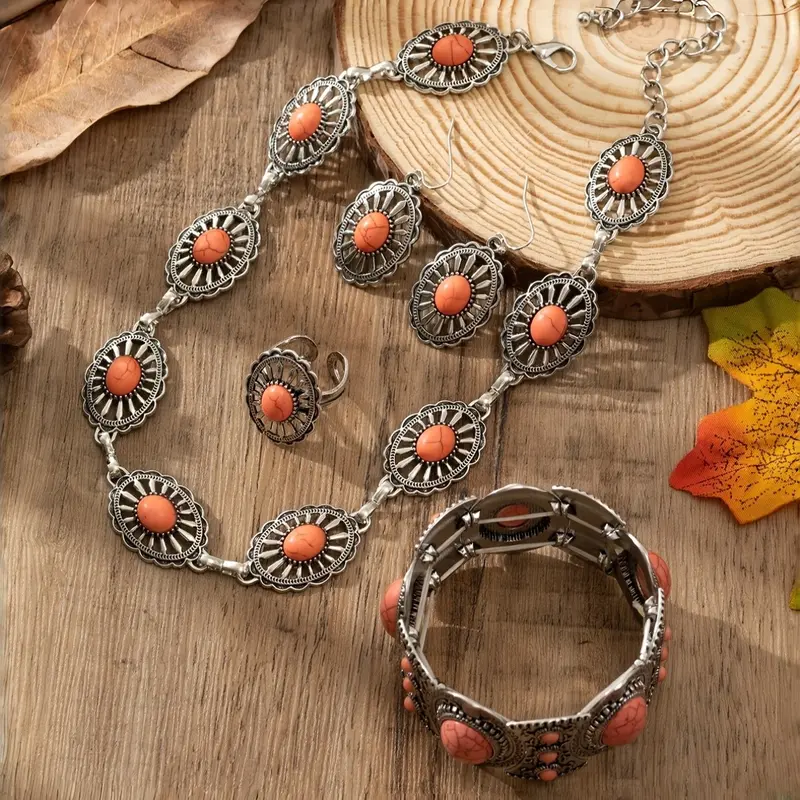 Bohemian Style Women's Vintage Fashion Pink Stone Carved Lace Zinc Alloy Necklace, Earrings, Ring & Bracelet Boho Jewelry Set for Outfits, Daily Wear, Versatile Wear and Holidays, Jewellery Gift Set
