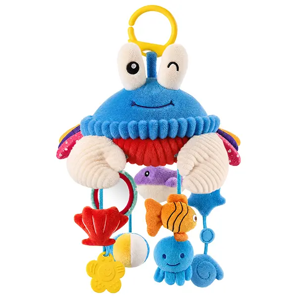 SAIMAND Soft Cotton Musical Crab Plush Hanging Toy - BPA-Free Unisex Baby Shower Gift for 0-12mths (6 Months Incl), with Mirror, Rattle, Teether, Montessori Multi-Sensory Stroller & Car Seat Children Development Toy,Plush toys.