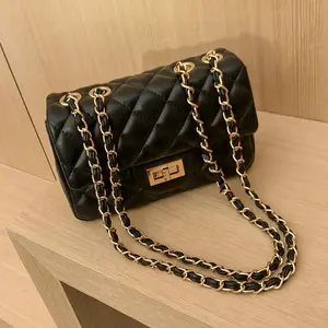 Summer Elegant Turn-Lock Quilted Crossbody Bag - Classic Solid Color Fashion PU Handbag with Luxe Chain Strap