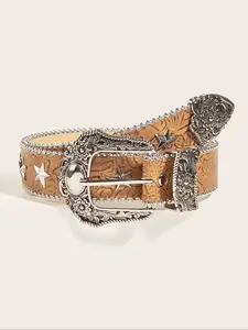 Women's Vintage Star & Flower Decor Western Belt, Fashionable Synthetic Leather Belt for Jeans & Dress, Casual Waistband for Daily Use