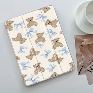 Teddy Bear with Blue Bow iPad Case Transparent Acrylic Hard Back Panel With Pencil Slot, Suitable for Ipad mini pro air, Scratch-resistant, Durable, Shock-resistant Full Cover Protective Case Suitable for Offices Schools and Homes