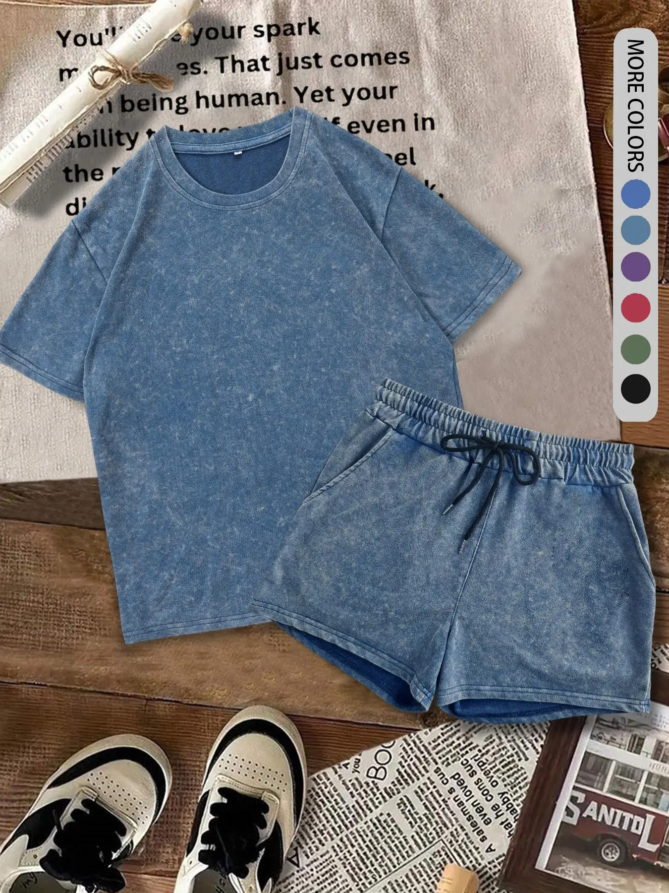 Two-Piece Set Women's Solid Color Tee & Denim-Effect Print Shorts, Casual Round Neck Short Sleeve T-Shirt & Shorts, Ladies Summer Clothes for Daily We