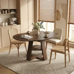 43.3-59" Extendable Dining Table , Round/Oval for 4-8, Kitchen Table with Storage Shelf & Removable Leaves, Modern Farmhouse Walnut expandable smart table mesa para comedor