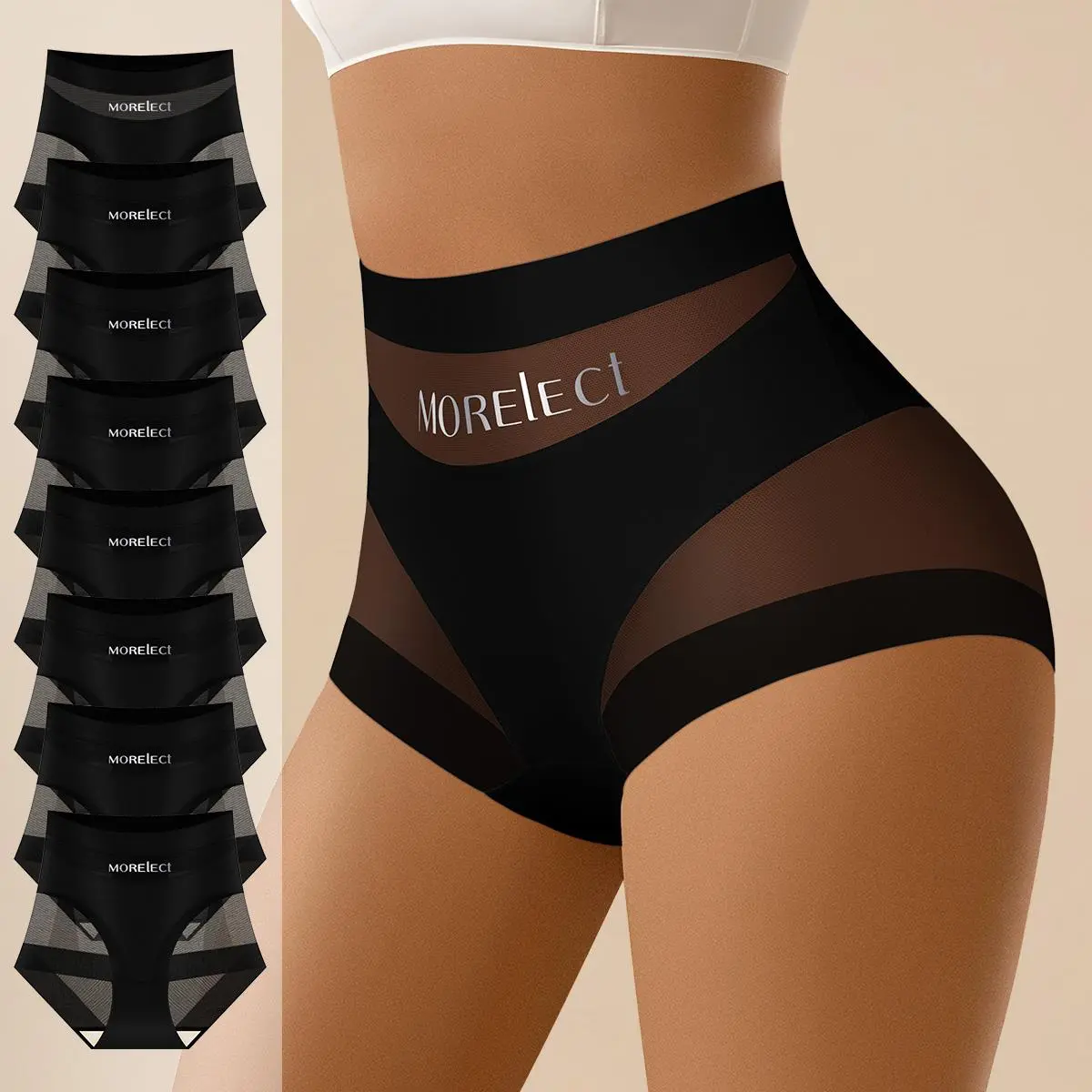 MORELECT 4/6/8 Pcs Women High Waist Black Briefs, Daily Ladies Underwear, Thin Breathable Mesh Fabric Panties, Custom Brand Logo Detail, Fashion Intimates for Women, Light comfy bottom wear ideal for spring and summer daily outfits