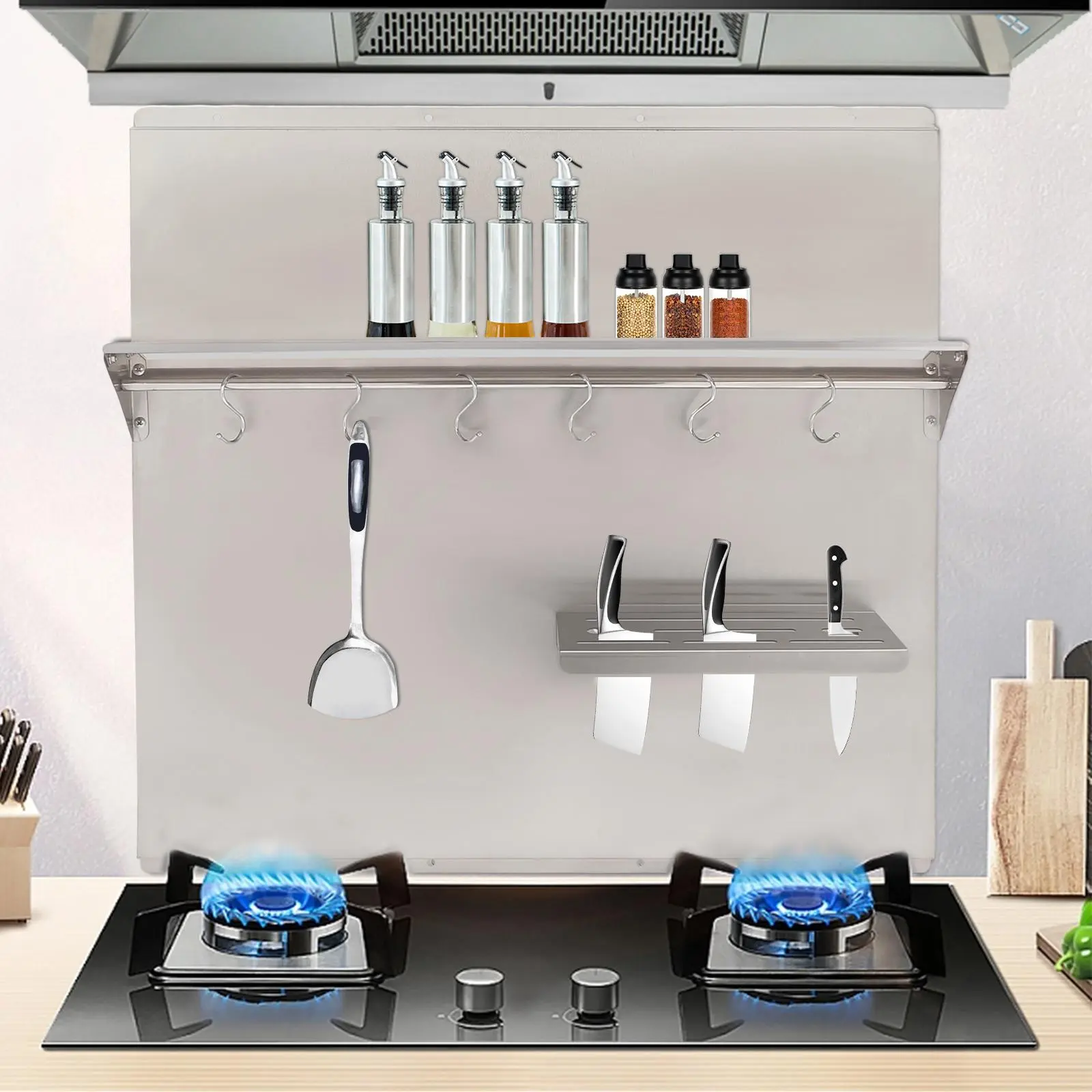 Stainless Steel Kitchen Backsplash Organizer (29.5x29.5in) - Hangable Range Hood Wall Shield with Built-in Storage Shelf, Hanging Mount Rack, Rust-Resistant, Space-Saving, Easy to Clean & Install, Silver