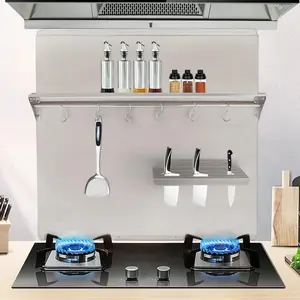 Stainless Steel Backsplash 29.5 x 29.5in, Range Backsplash with Built-in Storage Shelf and Hanging Rack, Range Hood Wall Tile Shield for Kitchen, Easy Clean and Installation, Silver