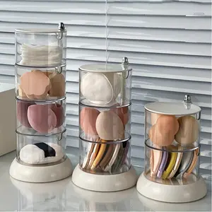 1 Transparent Rotating Cosmetic Storage Box - Multi-layered Dustproof Makeup Puff and Sponge Holder with Lid, Ideal for Dressing Table Display, Makeup Vanity
