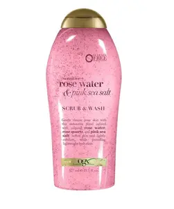 OGX Sensitive + Rose Water & Pink Sea Salt Exfoliating Body Scrub + Rose Quartz, Gentle Exfoliating Daily Body Wash Softens Skin, Body Scrub for Women, Sulfate-Free Surfactants, 19.5 fl oz