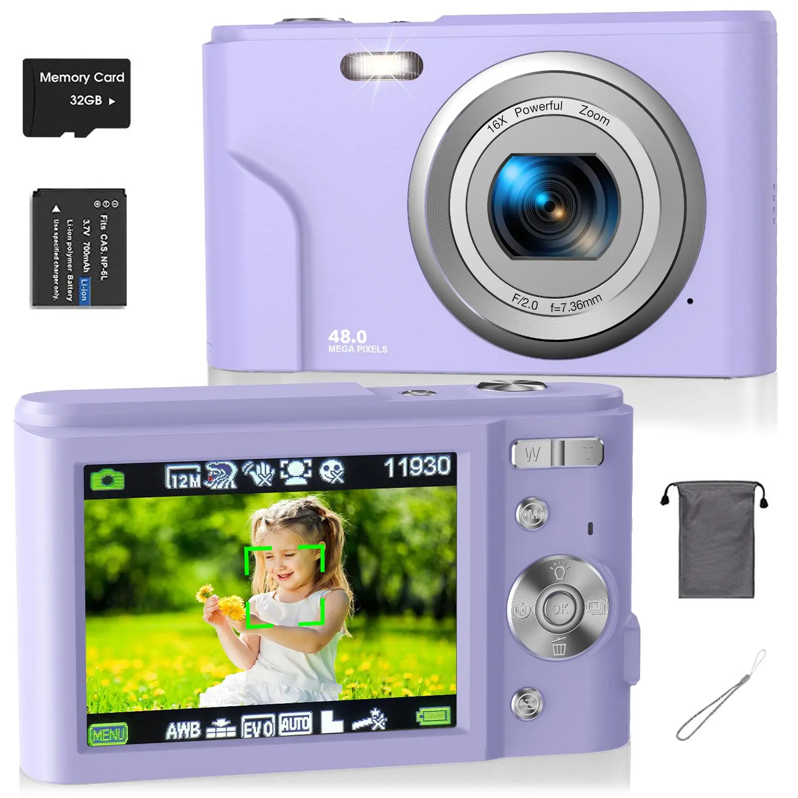 Auto Focus Digital Camera, 1 Count Full HD 1080P/48MP Mini with 32G Memory Card, Ff (F/3.2, f=7.36mm), 16x Zoom for Teenagers Beginners, Mini High Definition Camera, Electronic Portable Camera, Digital Camera For Teens
