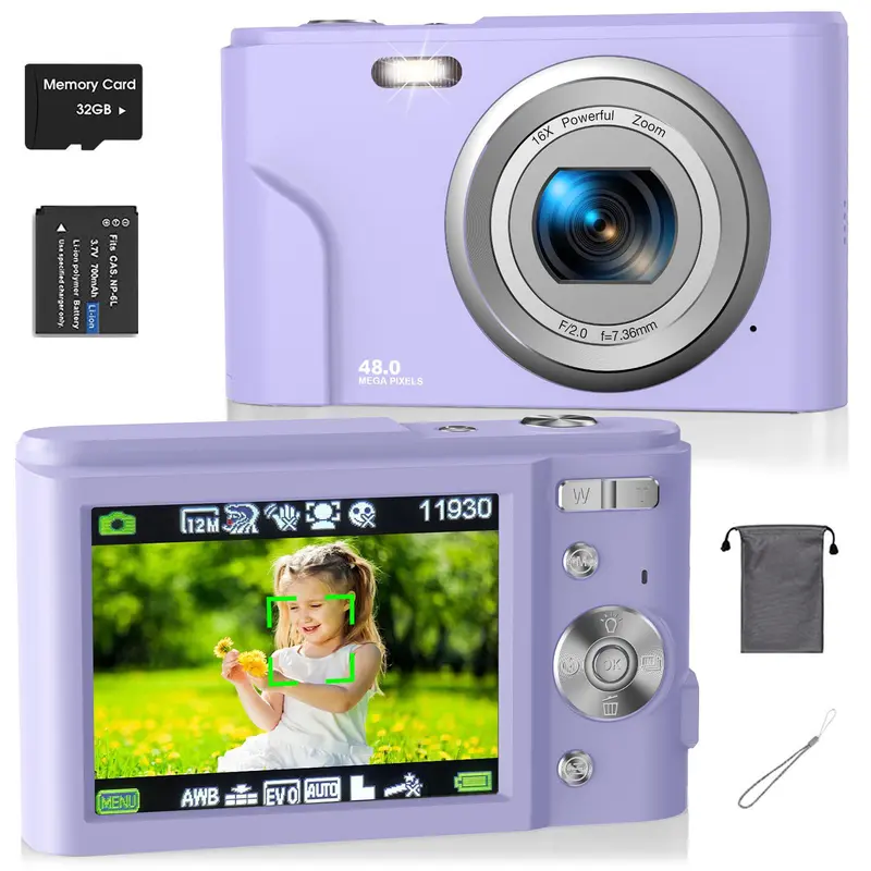 Auto Focus Digital Camera, 1 Count Full HD 1080P/48MP Mini with 32G Memory Card, Ff (F/3.2, f=7.36mm), 16x Zoom for Teenagers Beginners, Mini Camera, Electronic Portable Camera