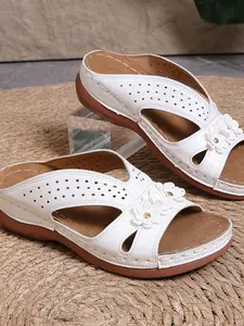 Women's Summer Hollow Out Floral Design Wedge Sandals, PU Material Casual Shoes, Less Than Ankle Height, Solid Pattern, Casual Trendy Sandals, Fashionable Casual Sandals