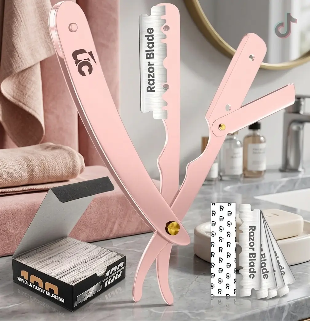 Utopia Care Professional Straight Razor for Men, Barber Straight Edge Razor Safety with 100 Pack Blades, Rose Gold