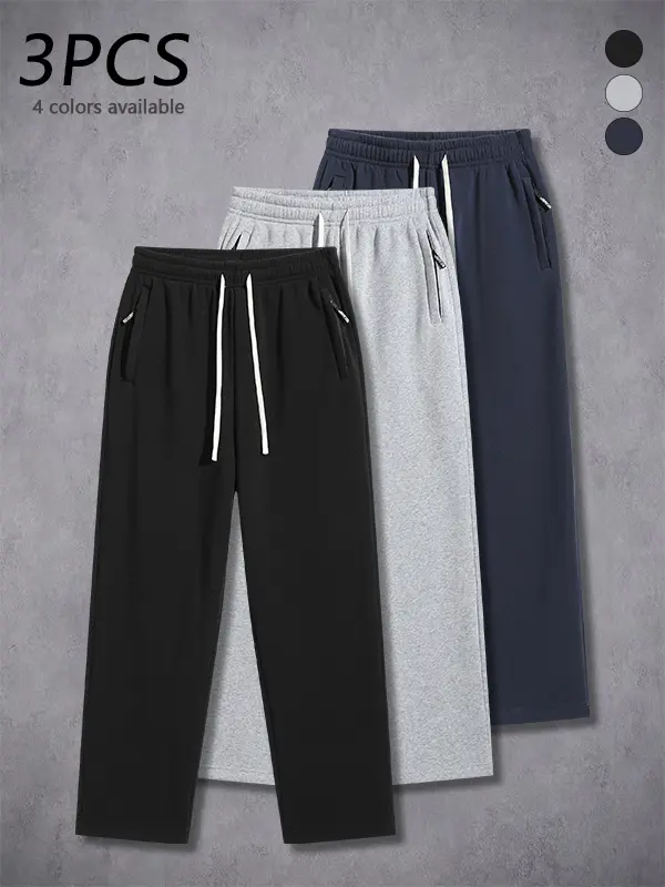 3-pack men’s loose straight sweatpants with zippered pockets, zippered pocket design, adjustable drawstring elastic waistband, soft and comfortable fabric, everyday casual loose sweatpants