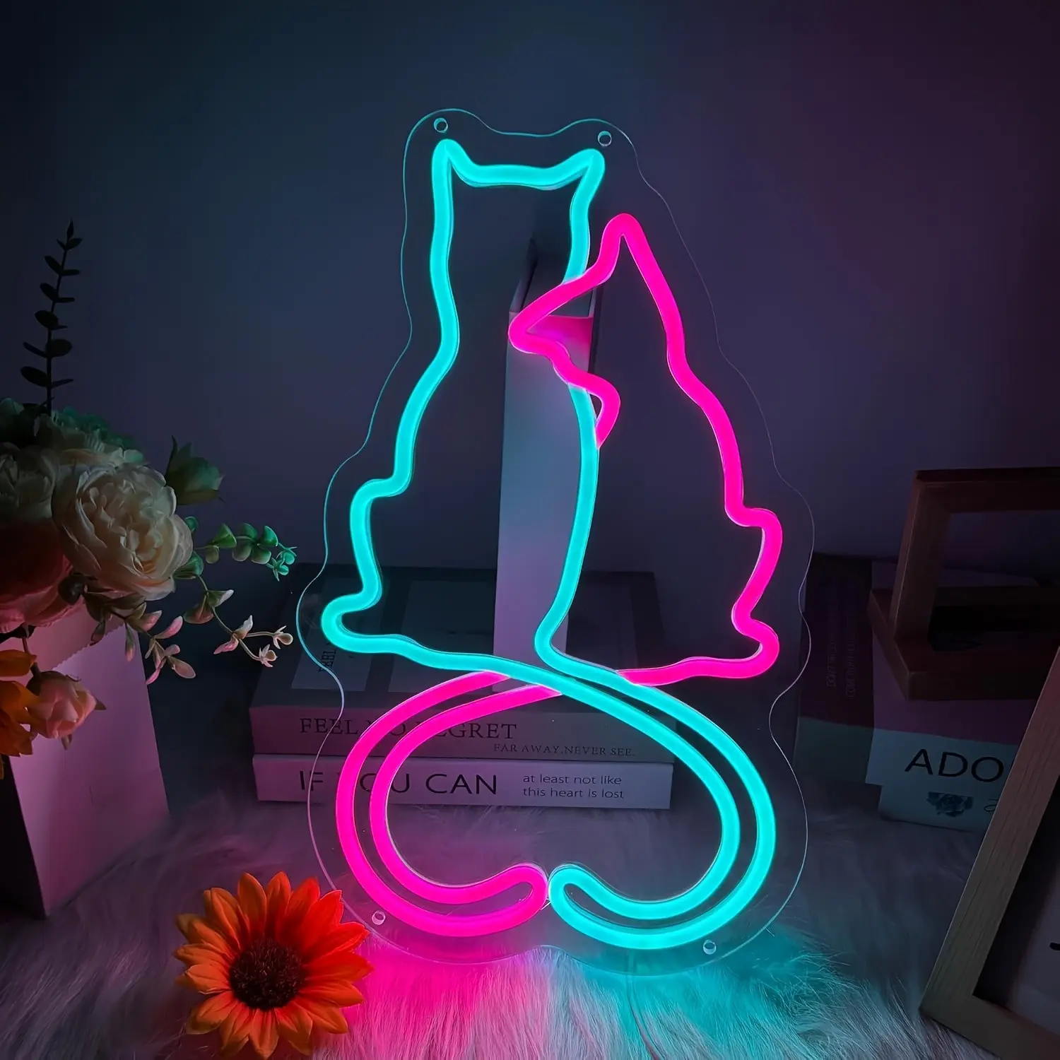 Loving Couple Cats-Neon Light Decor Sign, LED Room Wall/Desktop Decortion, Led Neon Lights, PET Shop Signage, For Shop, Home Decor, Gifts For Birthday Festival Christmas Etc, USB Powered, 10-Levels Dimmable, Atmosphere Lighting