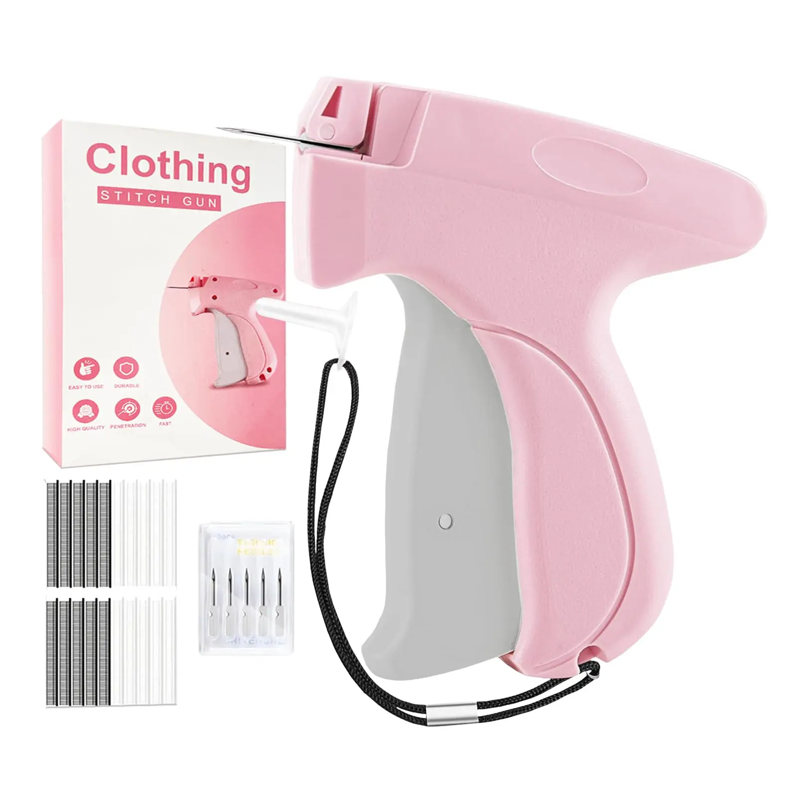 Handheld Mini Sewing Machine - Stainless Steel Stitch Gun for Clothes, Pants, Plastic Tagging Tool with 5 Needles, 500 Black Fasteners, 500 White Fasteners, Decals, Elastic Bands