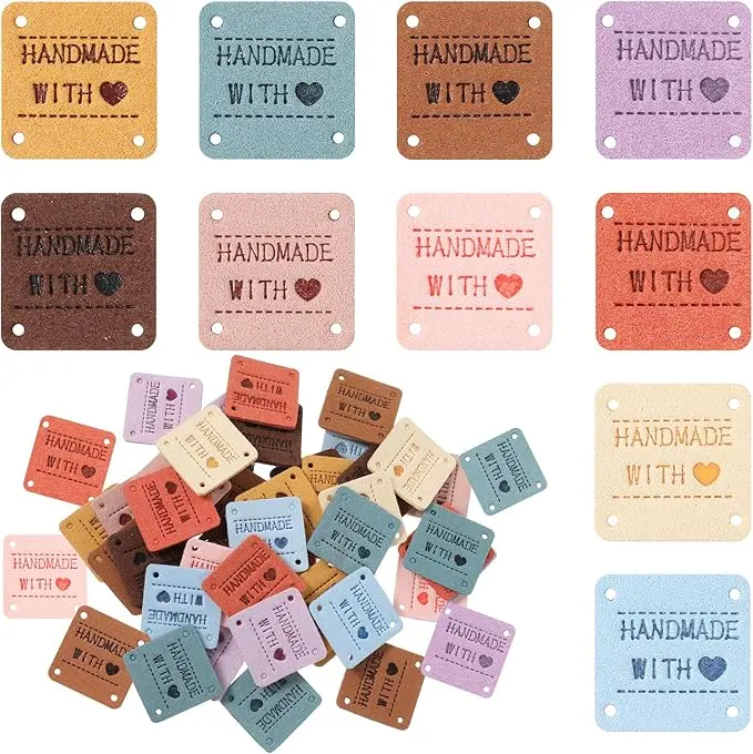 50 PCS Leather Handmade Tags for Crochet Items, Embossed Made with Love Tags Custom Sewing Labels Knitting Accessories for Scarves Hats Gloves Crafts, Gifts for Crocheters