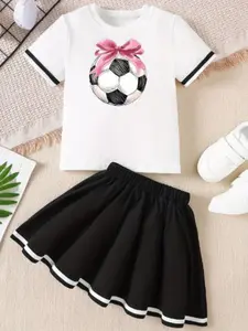 Girls' Summer Outdoor Sports Set, Sports Outfits, Athletic Outfits, Fashionable All-Over Print Tennis & Baseball, Cute Pleated Dress Gift for Little Girls